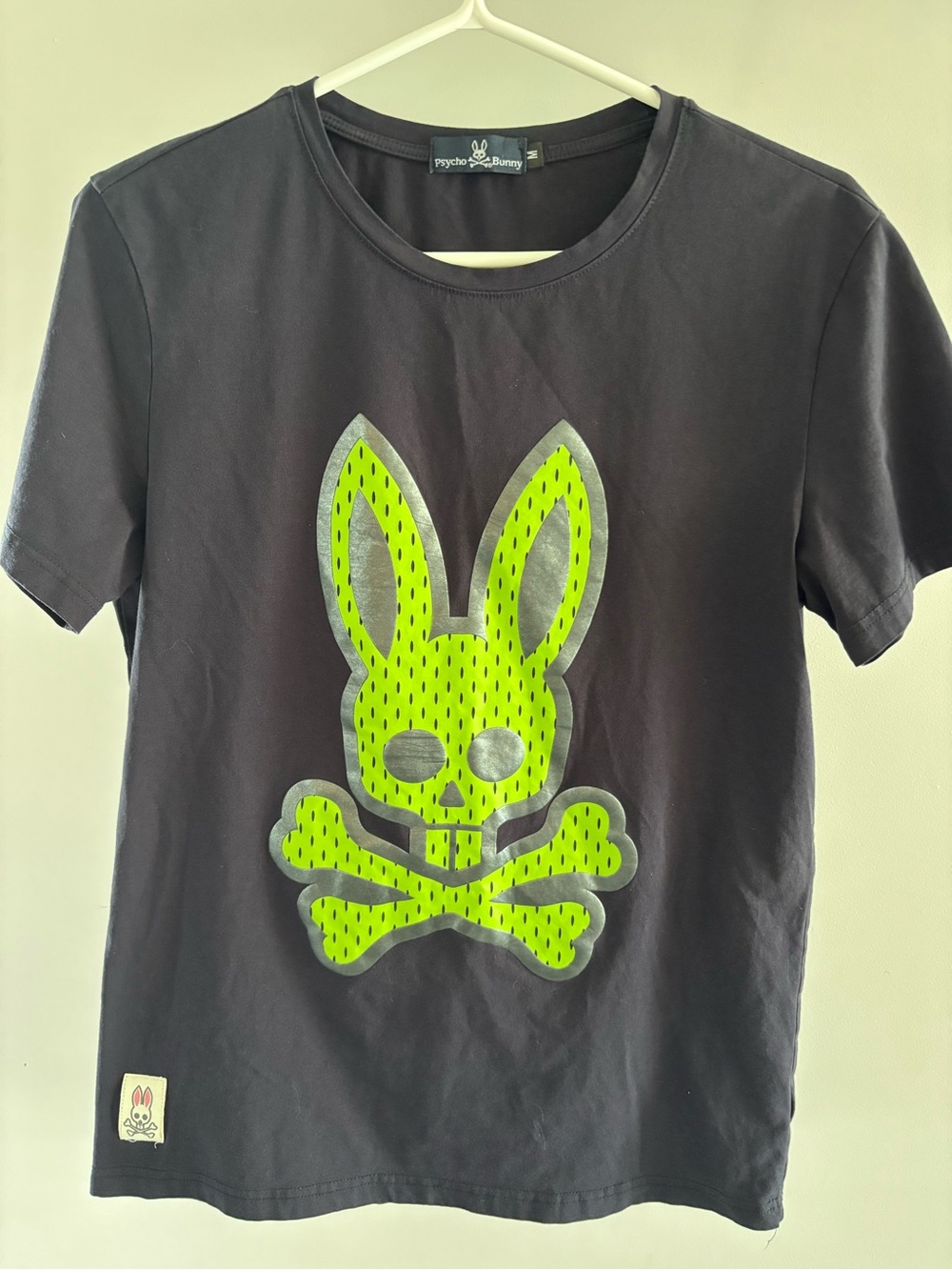 Psycho Bunny navy Tee with Neon Green Bunny Skull Graphic